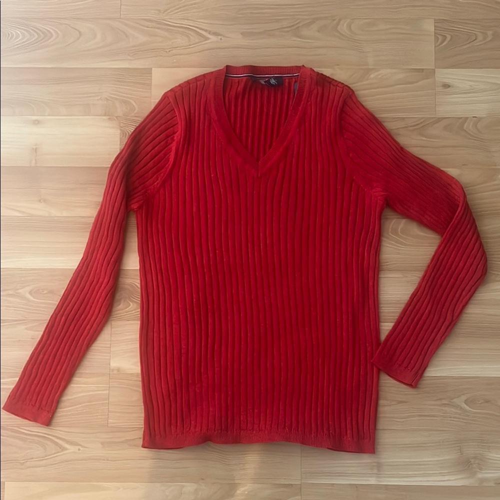 Tommy Hilfiger Red V-Neck Ribbed Sweater